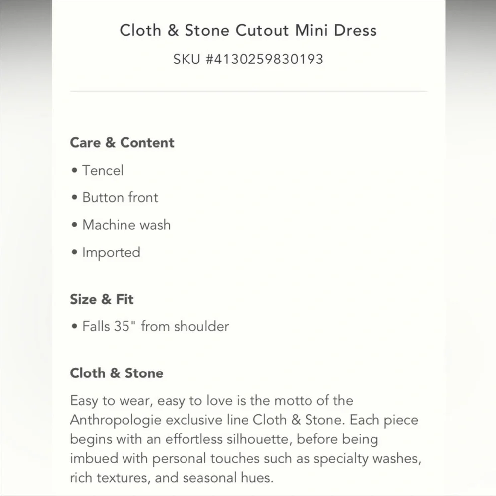 Anthropologie NWT Cloth & Stone Cutout Mini
Dress Size L. - Picture 7 of 10